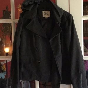 Juniors XL semi-dress coat with button off hood.
